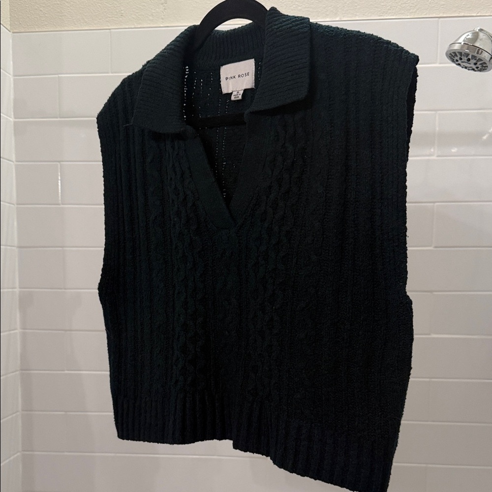 Pink Rose Textured Knit Cardigan in Dark Green